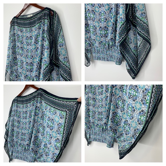 Max Studio Blue Green Geometric Print Slit Side Draped Sleeveless Stretch Blouse - Picture 6 of 16